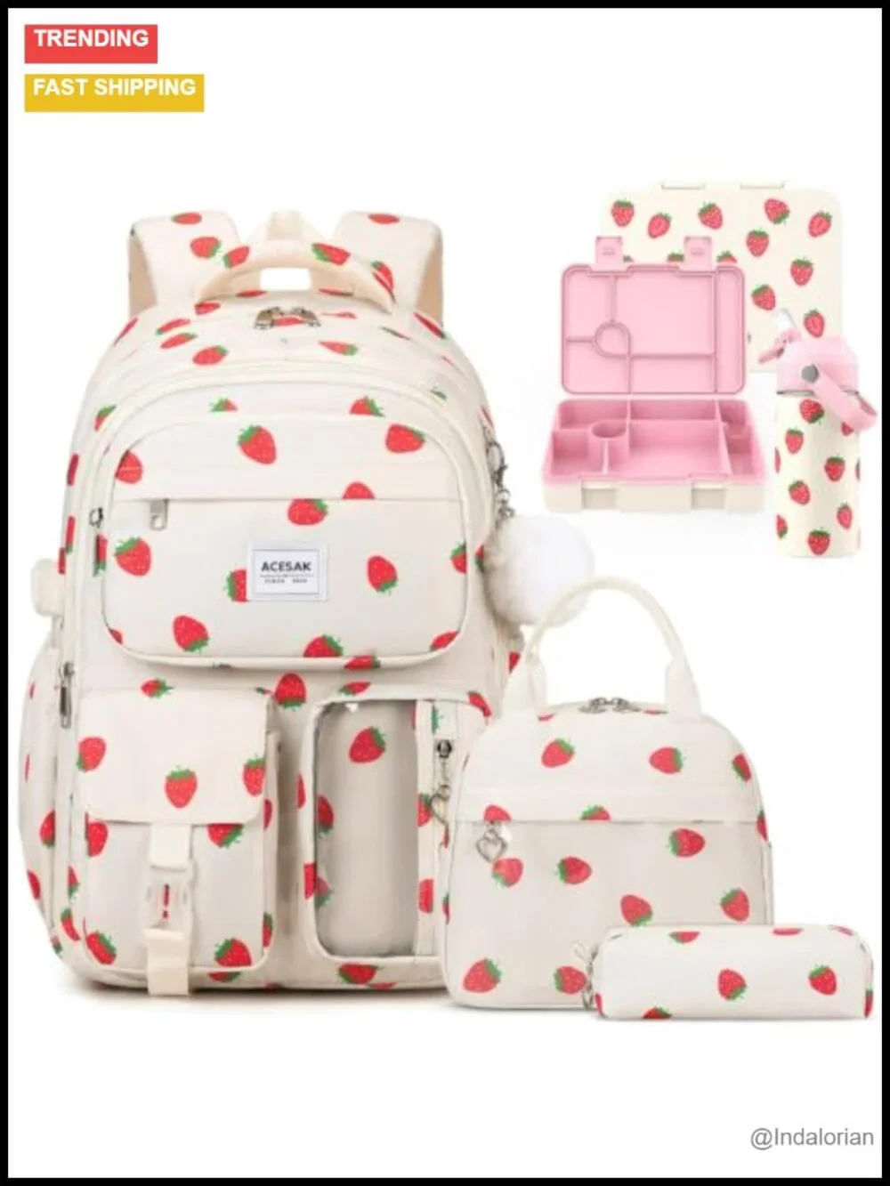 5-in-1 Girls Backpack Set with Bento Lunch Box & Water Bottle